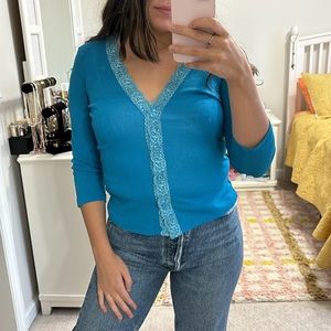 Vintage Y2K Top S Lace Button Front Blue Deep Vneck Stretchy 3/4 Sleeve 2000s